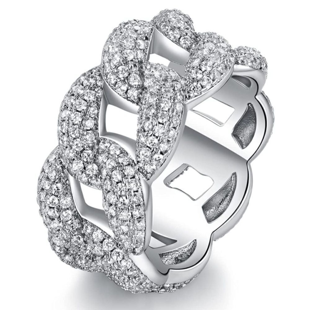 14K White Gold & White Diamond Cubic Zirconia Interlocking Cuban Statement Ring